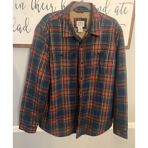 L.L. Bean Other - L.L. Bean Shacket Men's Large Multicolor Plaid Sherpa Blue Red Military‎ Jacket